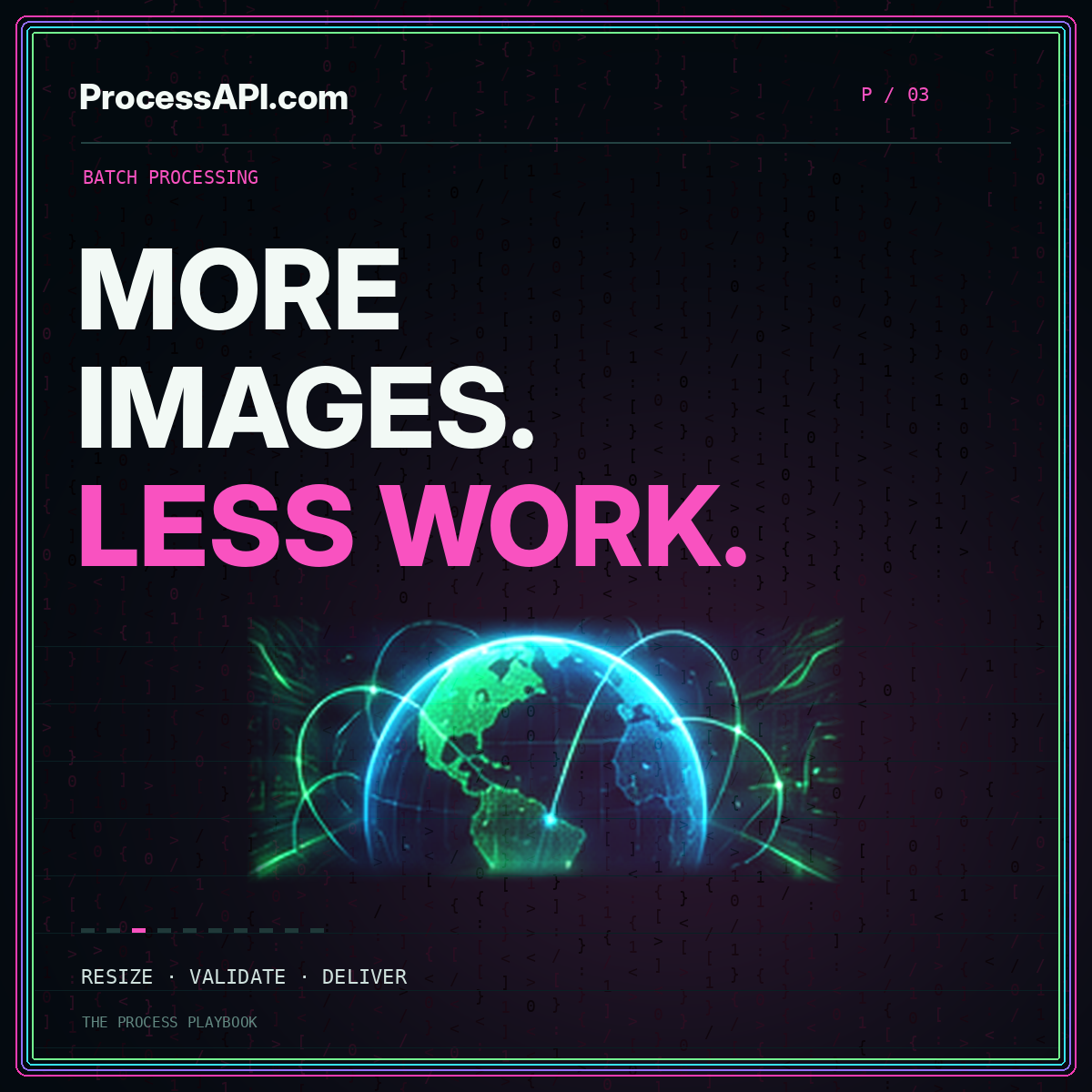 MORE IMAGES. LESS WORK. — neon Matrix-style batch processing card, ProcessAPI.com