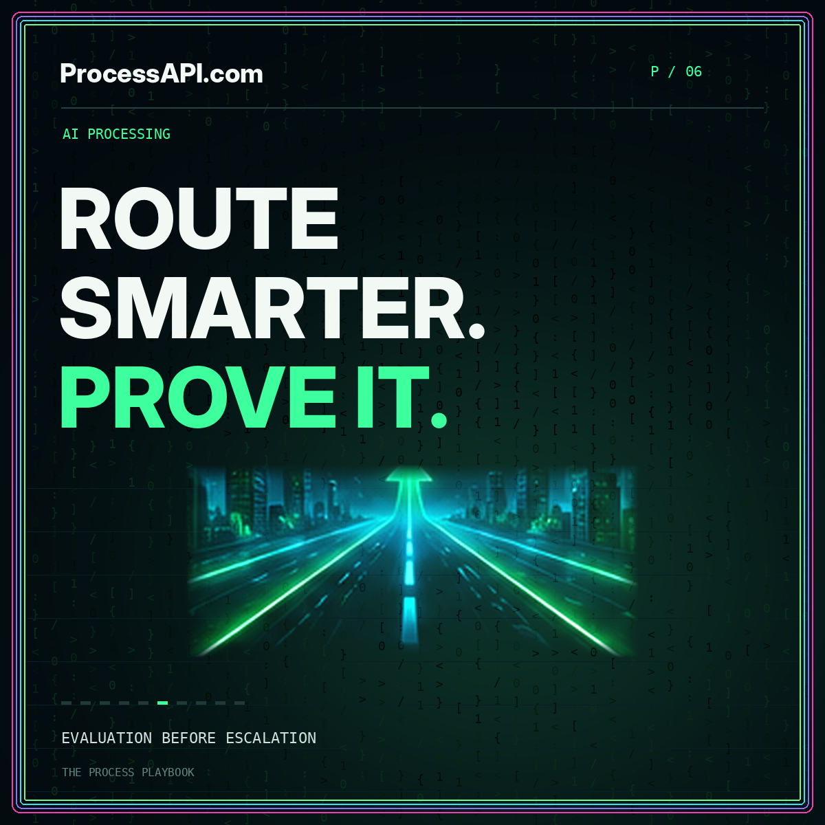 ROUTE SMARTER. PROVE IT. — neon Matrix-style ai processing card, ProcessAPI.com