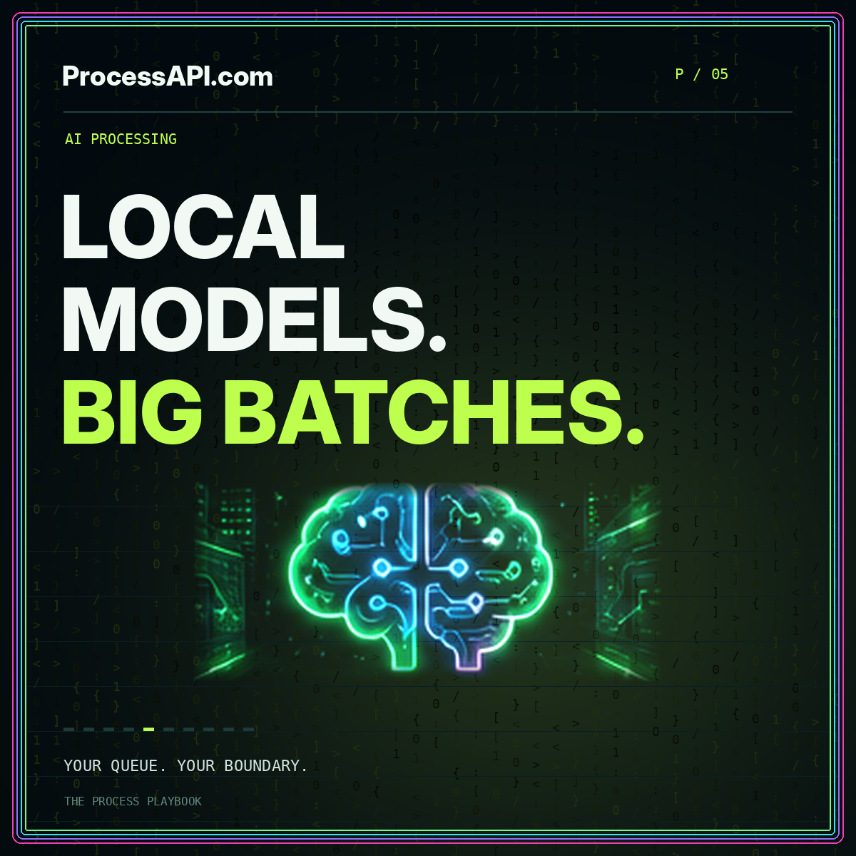 LOCAL MODELS. BIG BATCHES. — neon Matrix-style ai processing card, ProcessAPI.com