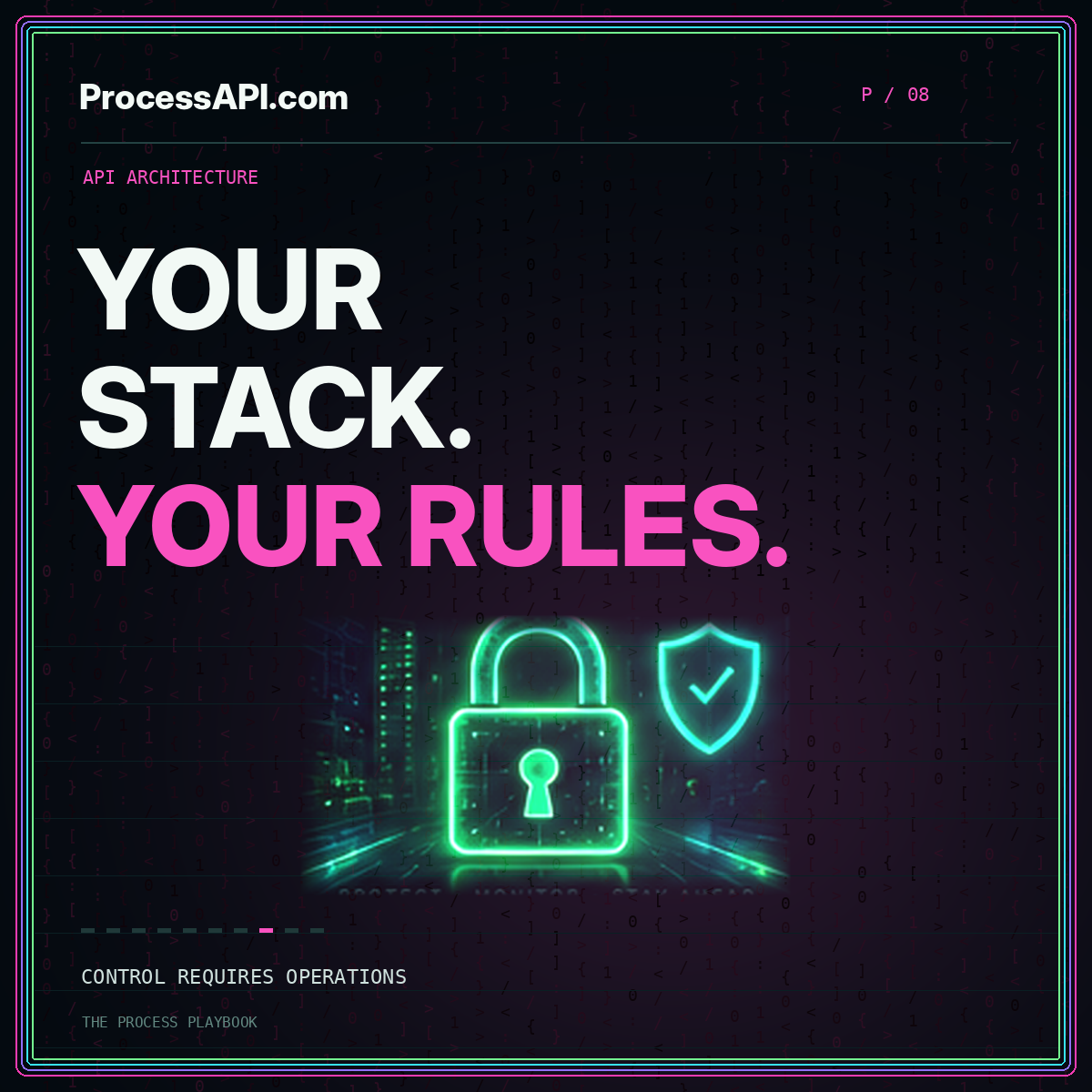 YOUR STACK. YOUR RULES. — neon Matrix-style api architecture card, ProcessAPI.com