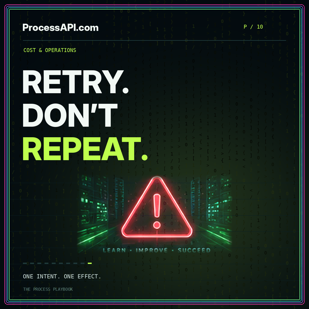 RETRY. DON’T REPEAT. — neon Matrix-style cost & operations card, ProcessAPI.com